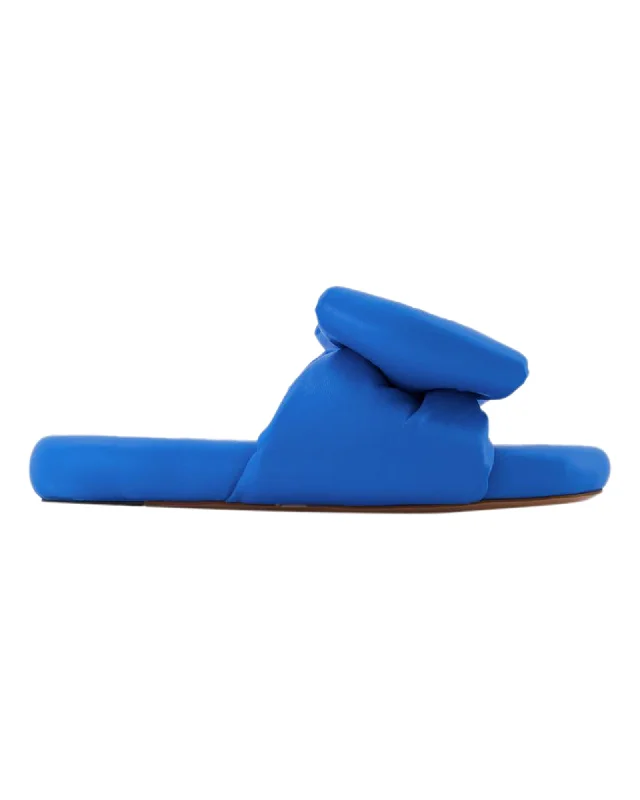 Bow Padded Slides - Off White - Blue - Leather