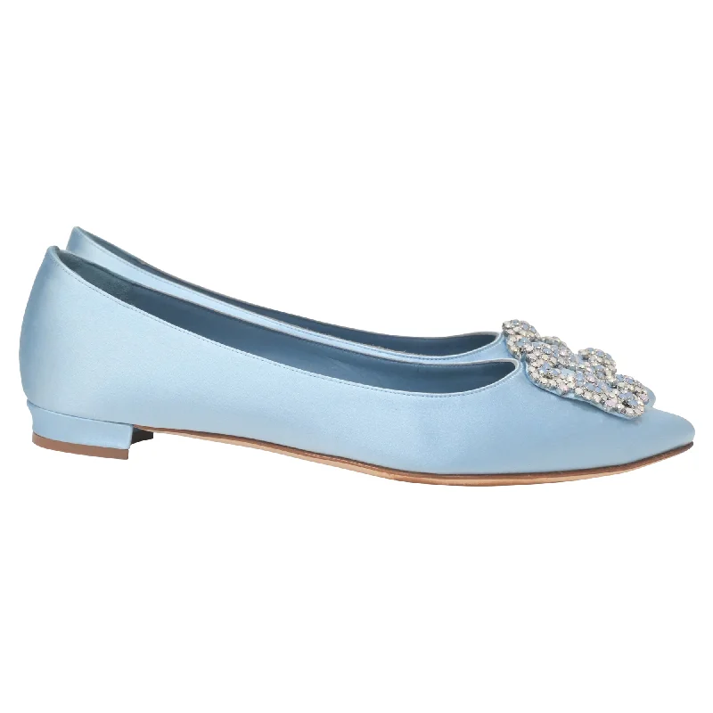 Manolo Blahnik Hangisi Flats in Light Blue Satin