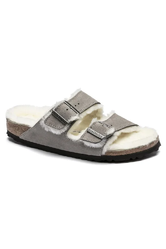 Birkenstock Arizona Fur Regular Width in Stone Coin