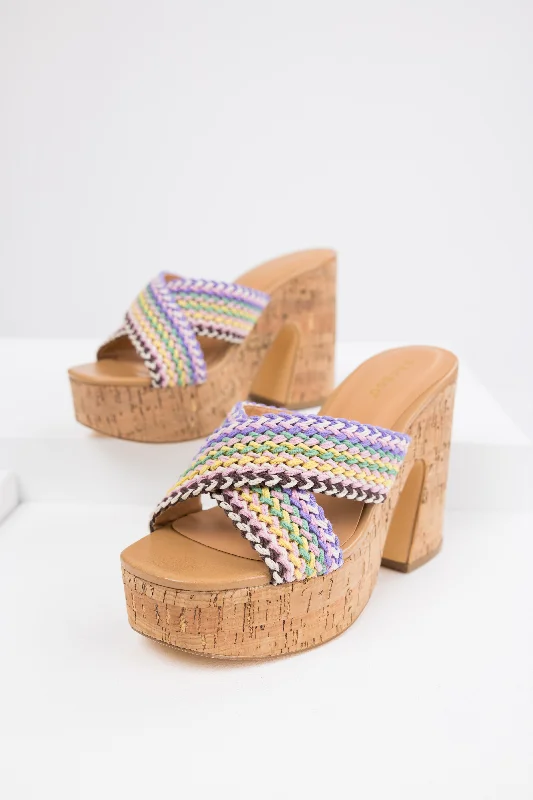 Colorful Braided Strap Cork Platform Heels