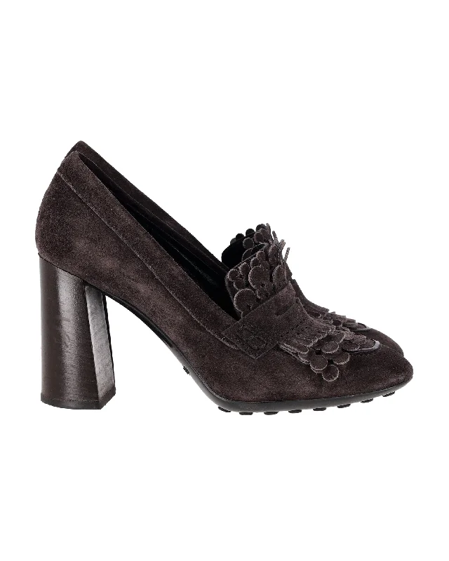 Tod's Fringe Block Heel Penny Loafer Pumps in Brown Suede