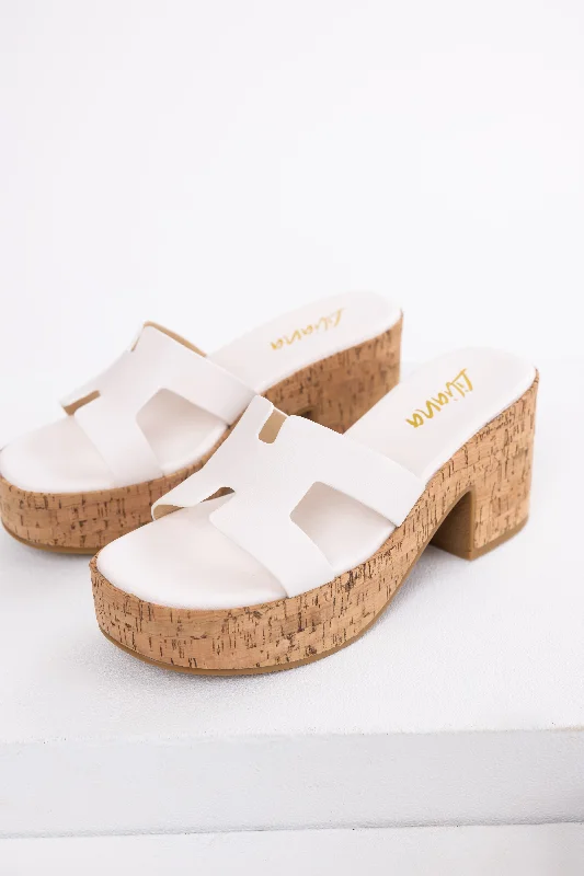 White Geometric Strap Cork Platform Heels